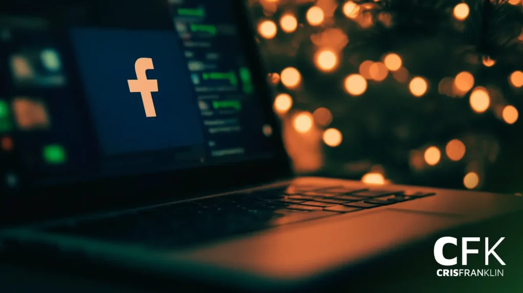 Um laptop exibindo o logotipo do Facebook na tela. No fundo, há luzes desfocadas, sugerindo um ambiente festivo. O canto da imagem apresenta o texto "CFK CRISFRANKLIN.