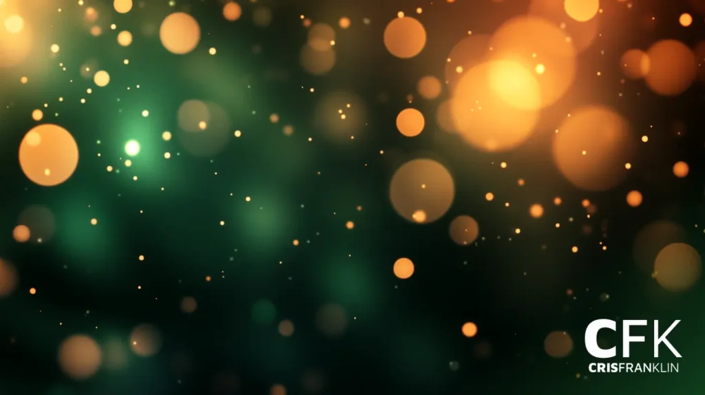 Um fundo desfocado com pequenos círculos laranja e verdes brilhantes, dando um efeito bokeh. O canto inferior direito tem o texto "CFK CRIS FRANKLIN" em letras brancas.