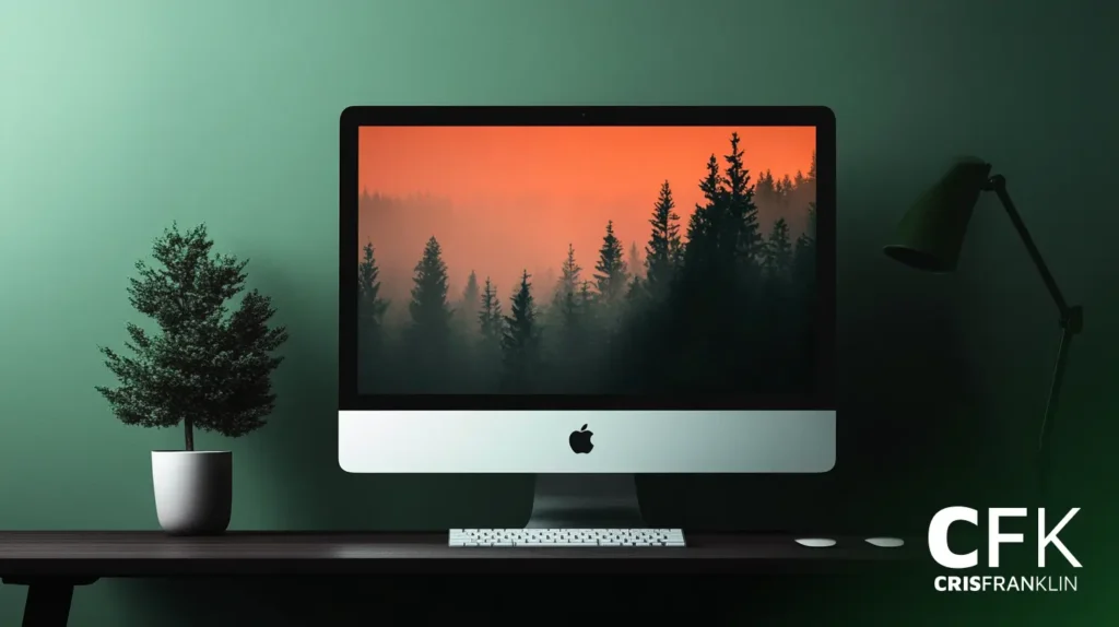 Um iMac exibindo uma paisagem de floresta em uma mesa de madeira escura com uma pequena árvore em vaso e uma luminária verde contra uma parede verde.