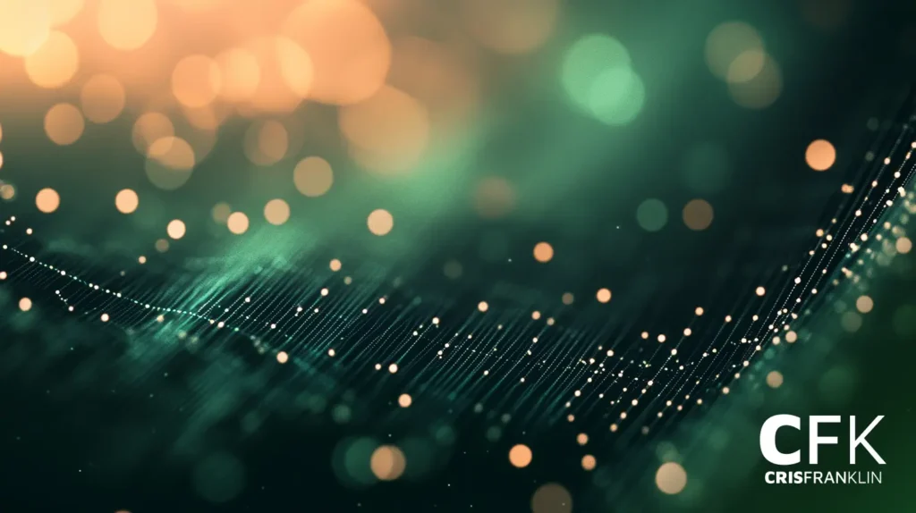 Visualização digital abstrata com partículas brilhantes, linhas e efeitos bokeh contra um fundo verde e preto. O texto "CFK CRISFRANKLIN" é exibido no canto inferior direito.