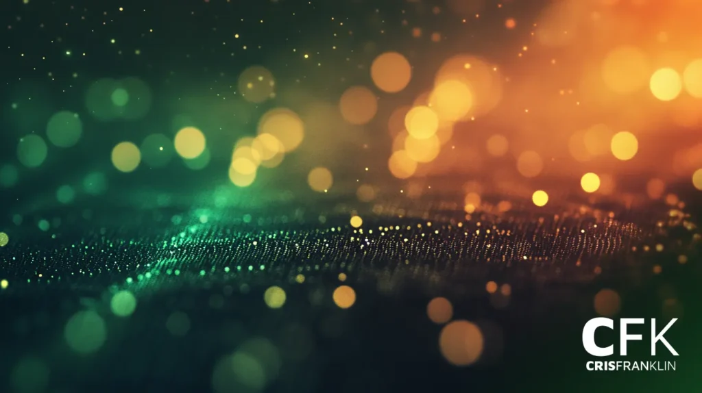 Uma arte digital com partículas de luz verde e amarela flutuando contra um fundo escuro, com o texto "CFK CRISFRANKLIN" no canto inferior direito.