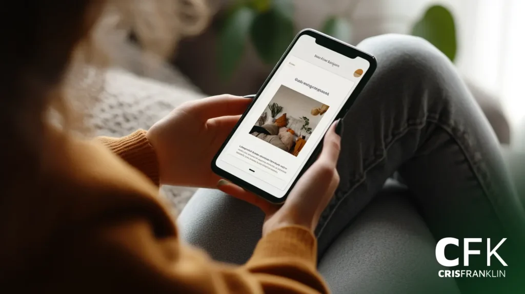 Pessoa segurando um smartphone com um site de decoração para casa exibido, sentada em um sofá com as pernas cruzadas. A tela mostra uma imagem de uma sala de estar com almofadas e plantas. As iniciais "CFK" e "CrisFranklin" são visíveis.