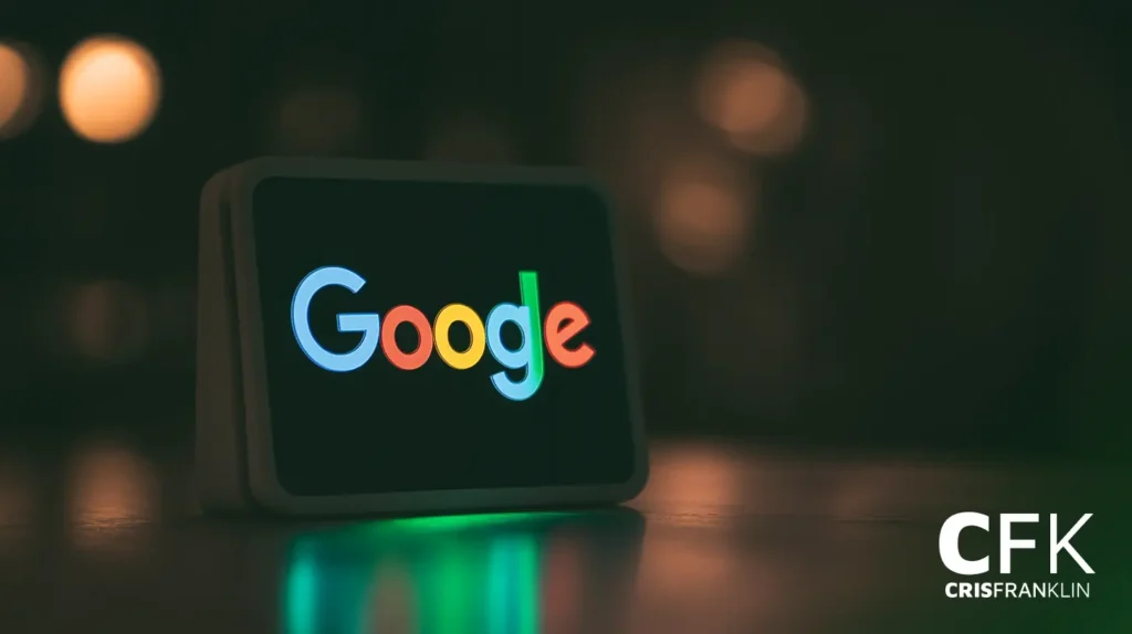 Uma pequena tela exibindo o logotipo do Google com letras coloridas, colocadas em uma superfície escura com fundo desfocado. As letras "CFK" e "CRISFRANKLIN" estão no canto inferior direito.