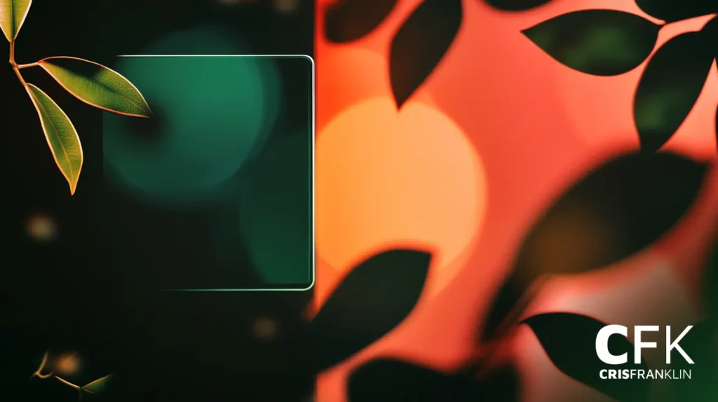 Imagem abstrata com fundo desfocado verde e vermelho, folhas em primeiro plano, uma sobreposição retangular transparente e o texto "CFK CRISFRANKLIN" no canto inferior direito.