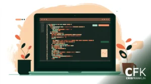 Uma tela de laptop exibe linhas coloridas de código em um editor. A mesa segura plantas em vasos de cada lado do laptop. O canto inferior direito mostra o texto "CFK CRISFRANKLIN.