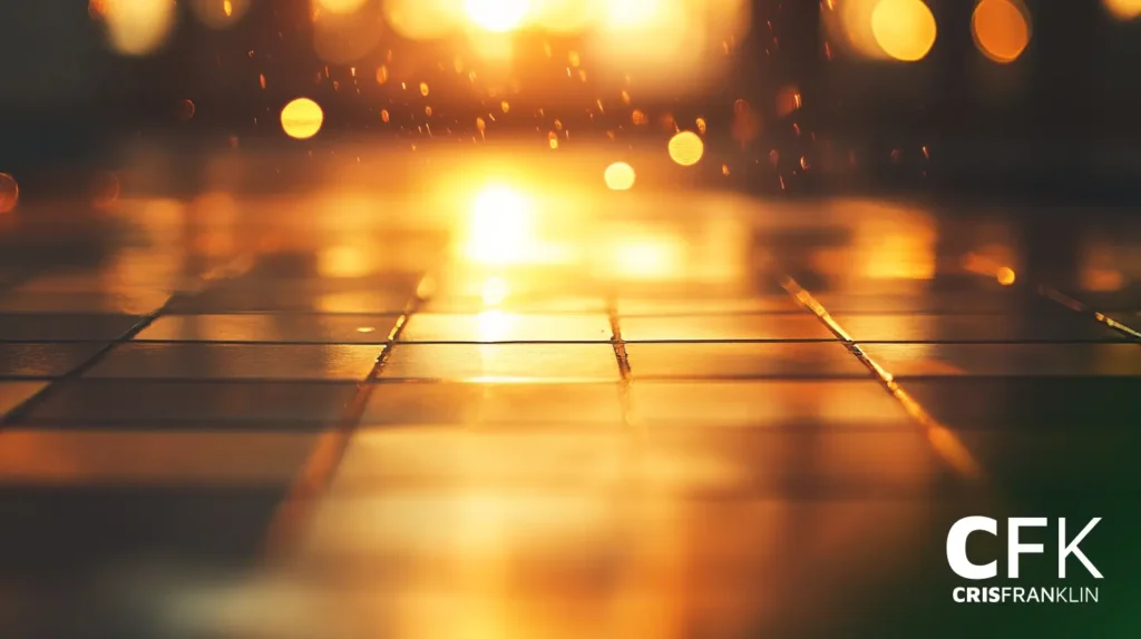Pôr do sol iluminando azulejos molhados, criando um reflexo quente e brilhante com gotas visíveis e efeito bokeh no fundo.