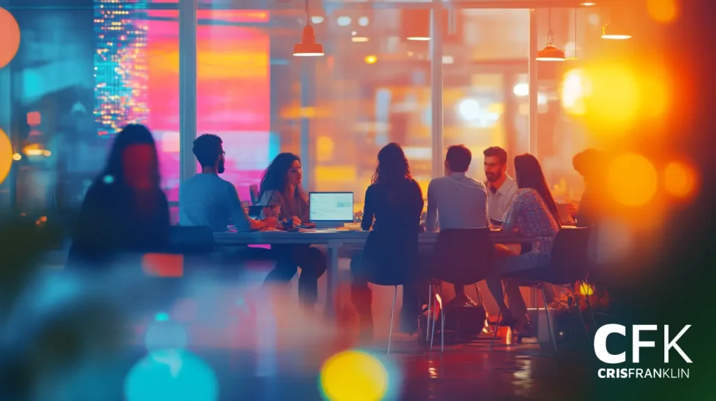 Um grupo de oito pessoas está sentado ao redor de uma mesa em um escritório bem iluminado, com luzes coloridas da cidade visíveis através de grandes janelas.