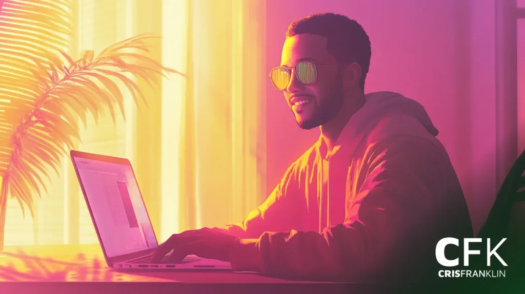 Uma pessoa usando óculos escuros usa um laptop em uma sala bem iluminada com uma planta. A imagem tem um tom rosa e laranja.