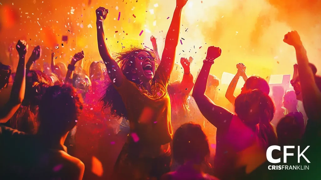 Um grupo de pessoas dançando energicamente em uma festa vibrante e colorida com confete no ar.