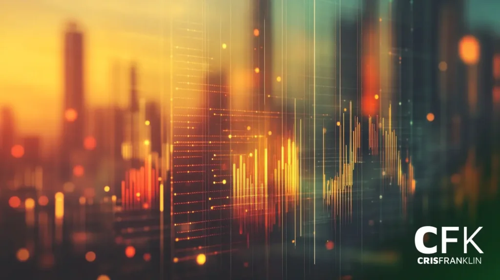 Gráfico financeiro digital abstrato com barras e linhas coloridas sobre um fundo de paisagem urbana, com o texto "CFK CRIS FRANKLIN" no canto inferior direito.