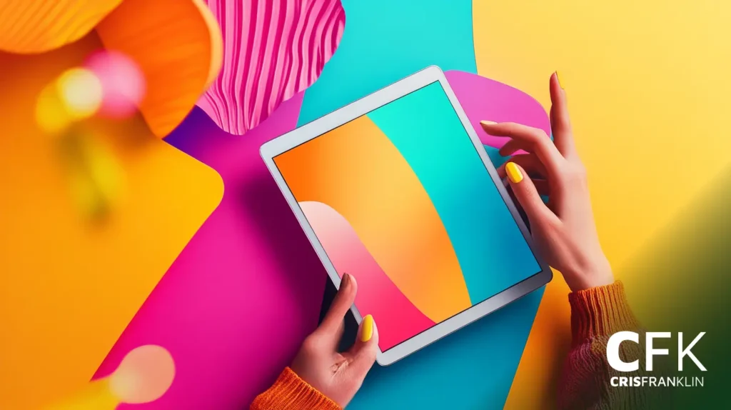 Pessoa segurando um tablet com formas abstratas coloridas na tela, cercadas por recortes de papel vibrantes. Logotipo da CFK no canto.