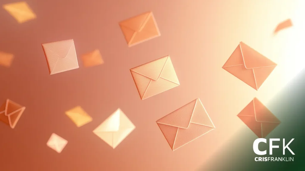 Envelopes flutuantes sobre um fundo gradiente com o texto "CFK CRISFRANKLIN" no canto.