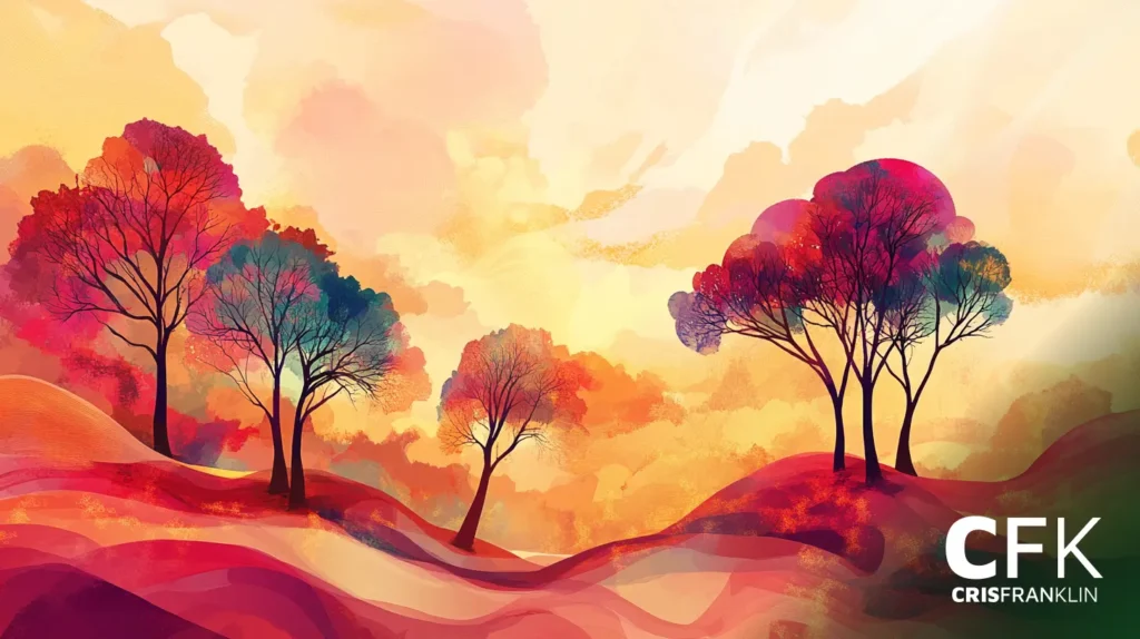 Árvores coloridas com fundos abstratos em tons de rosa, laranja e amarelo. Texto do logotipo no canto inferior direito: CFK CRISFRANKLIN.