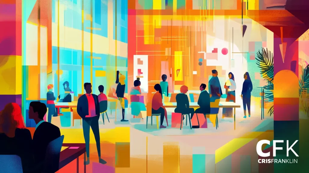 Uma ilustração abstrata vibrante e colorida de pessoas trabalhando e interagindo em um escritório moderno com grandes janelas e vários elementos artísticos.