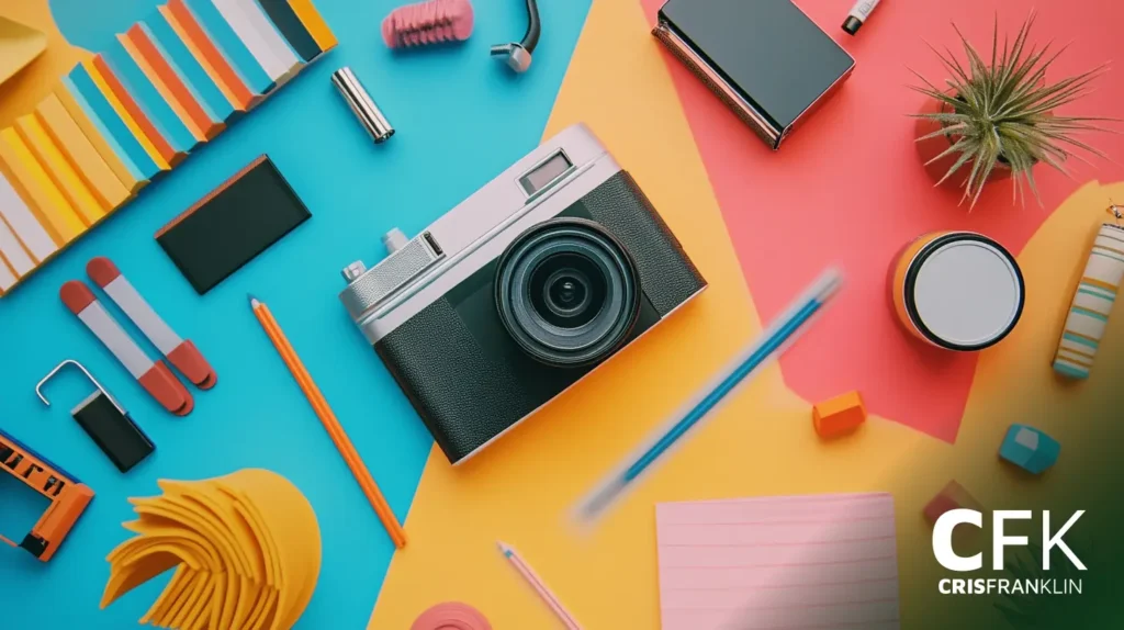 Uma configuração plana de uma câmera cercada por materiais de escritório em um fundo colorido.