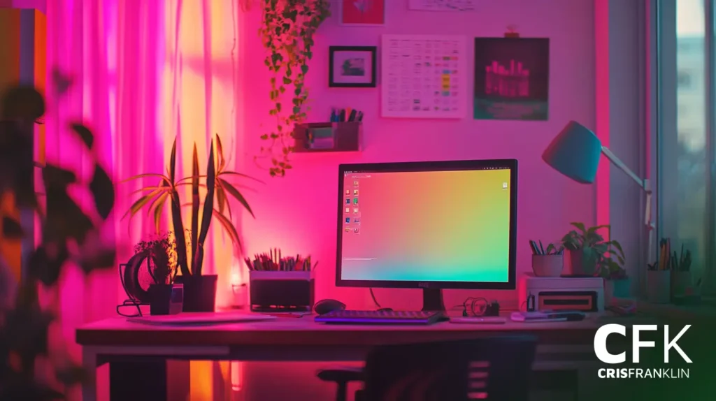 Um computador em uma mesa com iluminação colorida, cercado por plantas e materiais de escritório. Paredes apresentam arte e uma janela à direita.