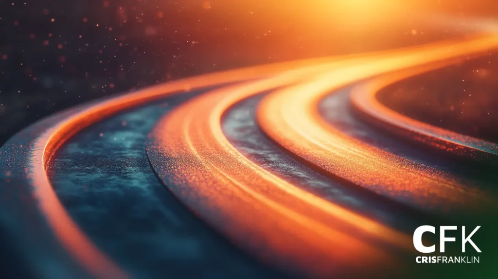 Um close-up de linhas curvas iluminadas de estradas ou trilhos projetando um efeito brilhante, com uma fonte de luz quente no fundo.