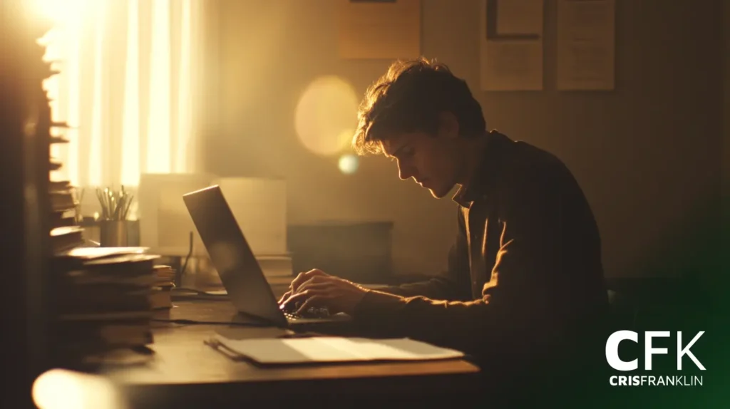Uma pessoa está trabalhando em um laptop em uma mesa em uma sala mal iluminada com a luz do sol entrando pela janela.
