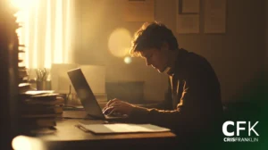 Uma pessoa está trabalhando em um laptop em uma mesa em uma sala mal iluminada com a luz do sol entrando pela janela.