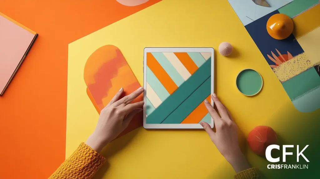 Mãos segurando um tablet sobre uma mesa colorida com padrões geométricos, materiais de arte e objetos.