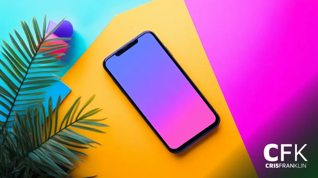 Um smartphone com tela gradiente repousa sobre um fundo geométrico colorido ao lado de uma folha de palmeira. As letras "CFK" aparecem no canto inferior direito.