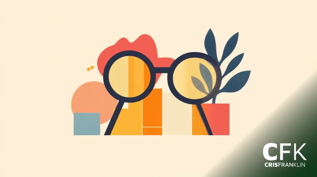 Ilustração de óculos grandes com formas abstratas e folhas de plantas ao redor.