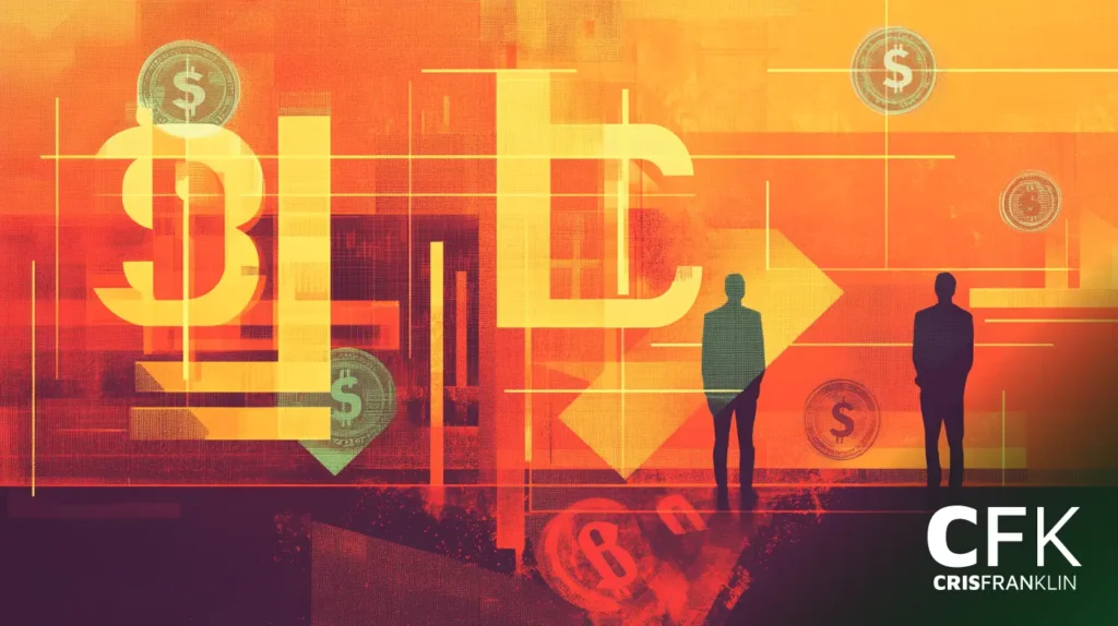 Arte digital abstrata com silhuetas de duas pessoas, símbolos de moeda e logotipos de Bitcoin em um fundo vermelho-alaranjado vibrante. O texto "CFK CRISFRANKLIN" é visível no canto inferior direito.
