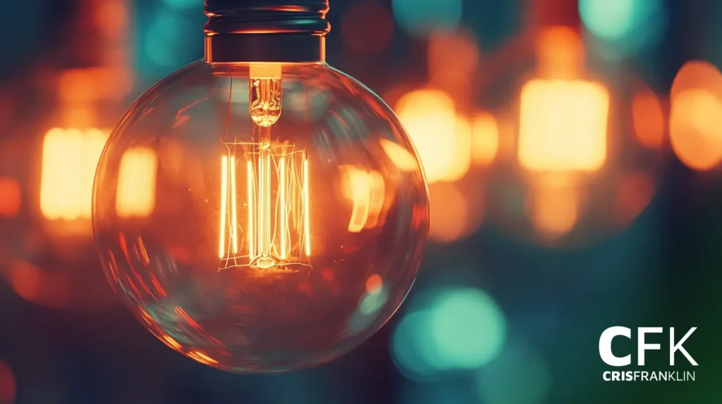 Close de uma lâmpada de estilo vintage iluminada com um filamento visível, cercada por um fundo quente e desfocado de luzes semelhantes.