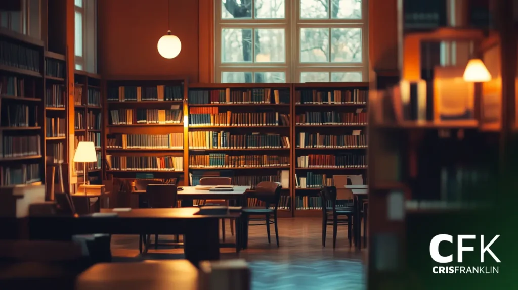 Uma biblioteca aconchegante e mal iluminada com mesas de madeira, cadeiras e estantes altas cheias de livros. A luz suave de lâmpadas e janelas grandes realça a atmosfera acolhedora.
