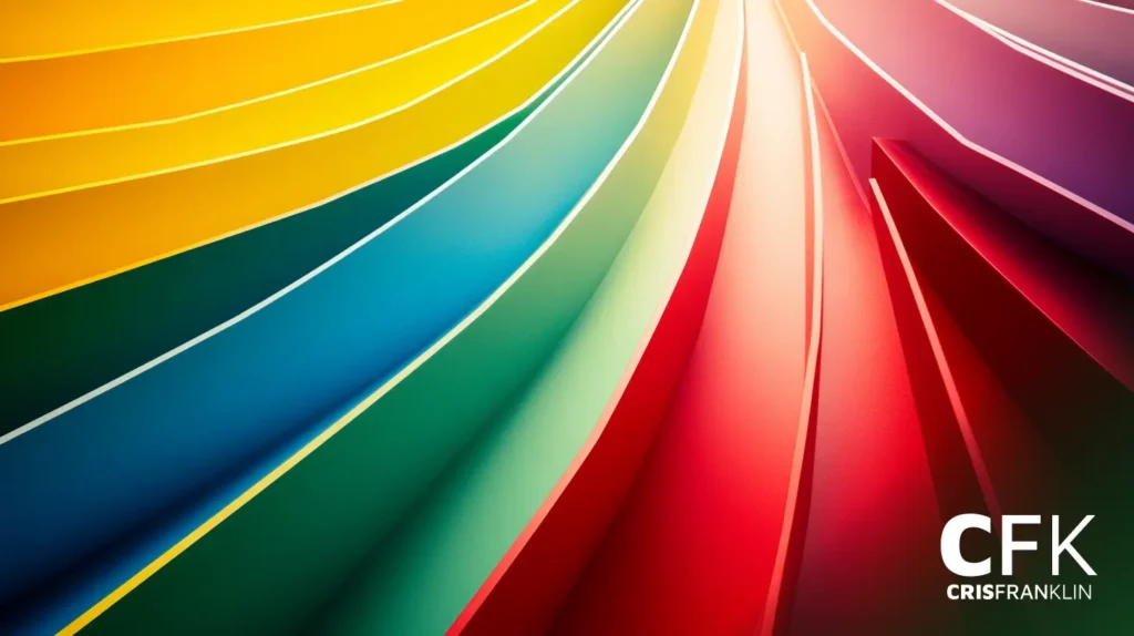 Padrão abstrato colorido com linhas curvas e sobrepostas em um espectro de tons, variando de amarelo a vermelho. Logotipo do CFK Cris Franklin no canto inferior direito.
