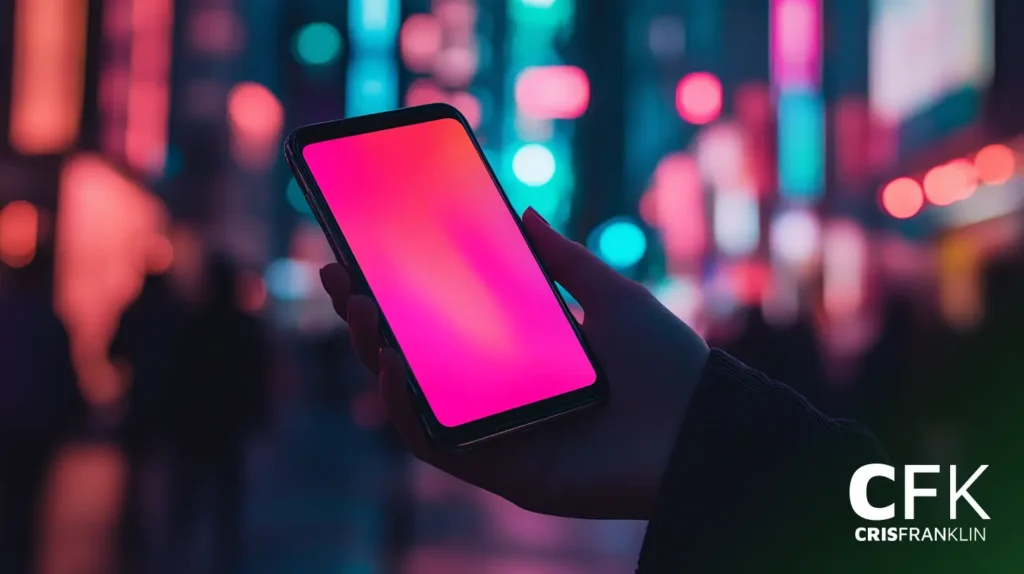 Uma mão segura um smartphone com uma tela rosa brilhante, em contraste com uma paisagem urbana desfocada com luzes coloridas.