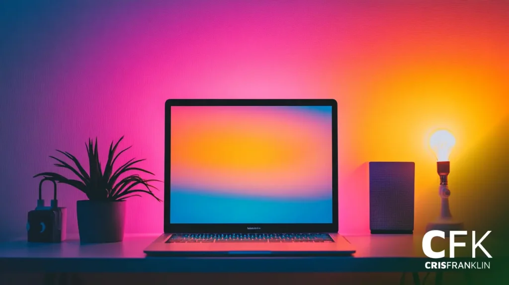 Um laptop em uma mesa com uma tela de gradiente colorida. Uma pequena planta e um alto-falante estão em ambos os lados, e uma lâmpada acesa está à direita. O fundo é uma parede de gradiente colorida.