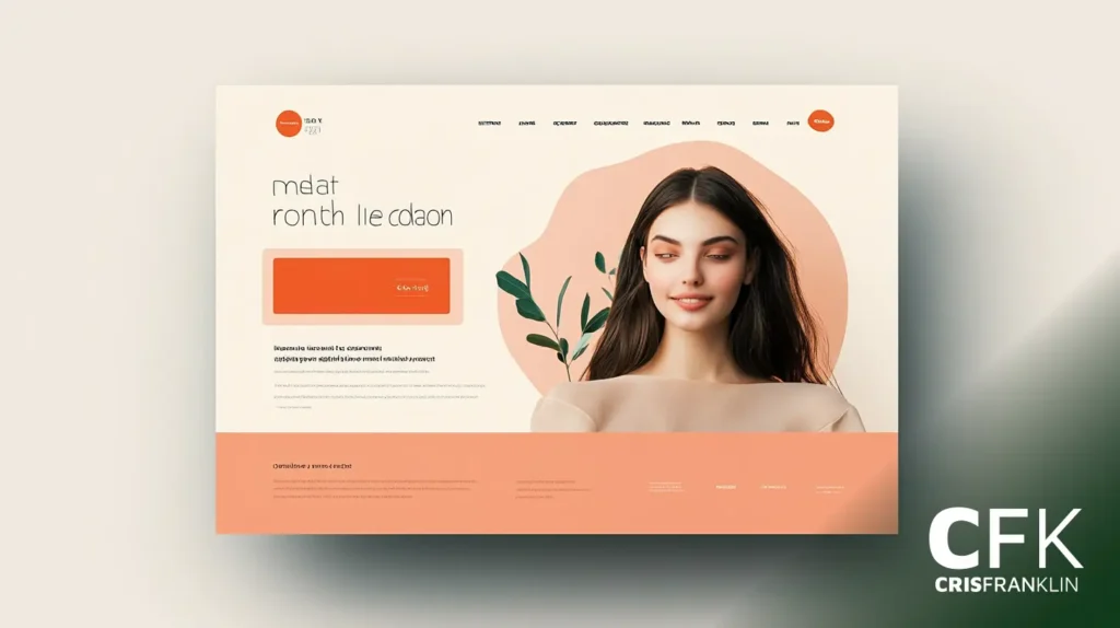 Um mockup de página da web com a foto de uma mulher à direita, junto com opções de navegação e um botão de call-to-action laranja proeminente. O design inclui blocos de texto em um estilo minimalista.