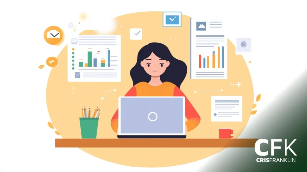 Ilustração de uma pessoa sentada em uma mesa com um laptop, cercada por gráficos, tabelas e ícones de envelope flutuantes, indicando trabalho digital.