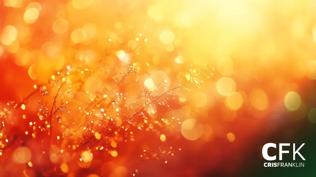 Efeito bokeh laranja e amarelo brilhante com pequenos galhos cobertos de orvalho no primeiro plano, criando uma atmosfera quente e brilhante.