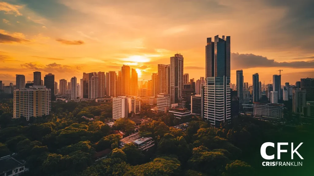 Horizonte da cidade ao pôr do sol com edifícios altos em silhueta contra um céu laranja. Árvores são visíveis no primeiro plano.