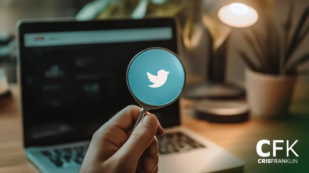 Uma mão segura uma lupa com o logotipo do Twitter em frente a uma tela de laptop desfocada e um abajur ao fundo.