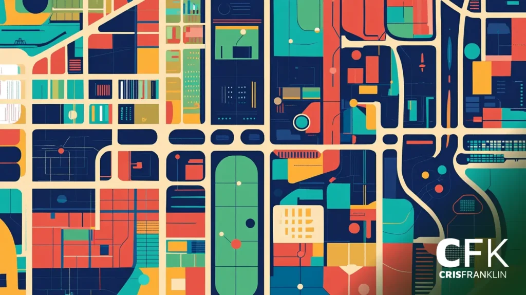 Ilustração abstrata de mapa da cidade com formas geométricas coloridas em tons de vermelho, azul, verde e amarelo. O design apresenta linhas e blocos que se cruzam, lembrando um layout de rua urbana.