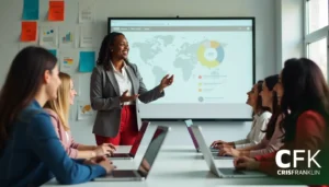 Sete pessoas em uma sala de reunião, com uma mulher apresentando em uma tela exibindo um mapa e gráficos. Os participantes estão sentados com laptops, ouvindo atentamente.