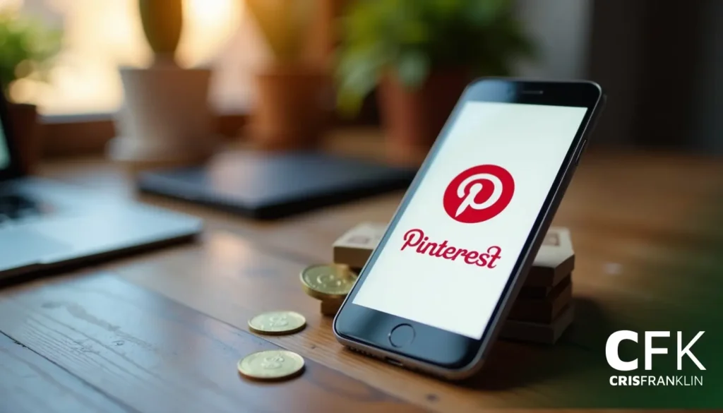Smartphone exibindo o logotipo do Pinterest em uma mesa de madeira com moedas e um fundo desfocado, incluindo um laptop e plantas.