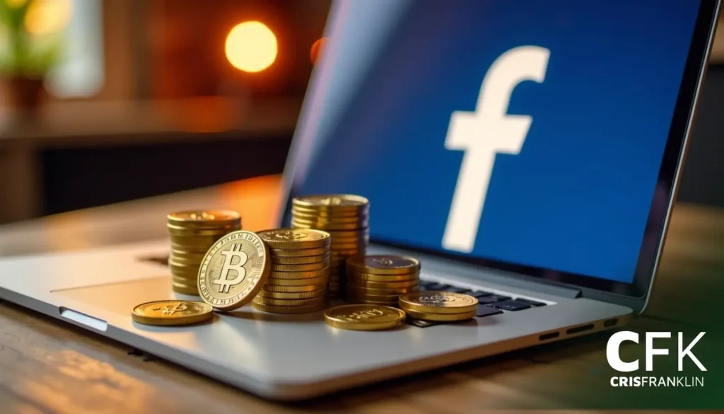 Pilha de moedas de Bitcoin em um teclado de laptop com o logotipo do Facebook na tela.