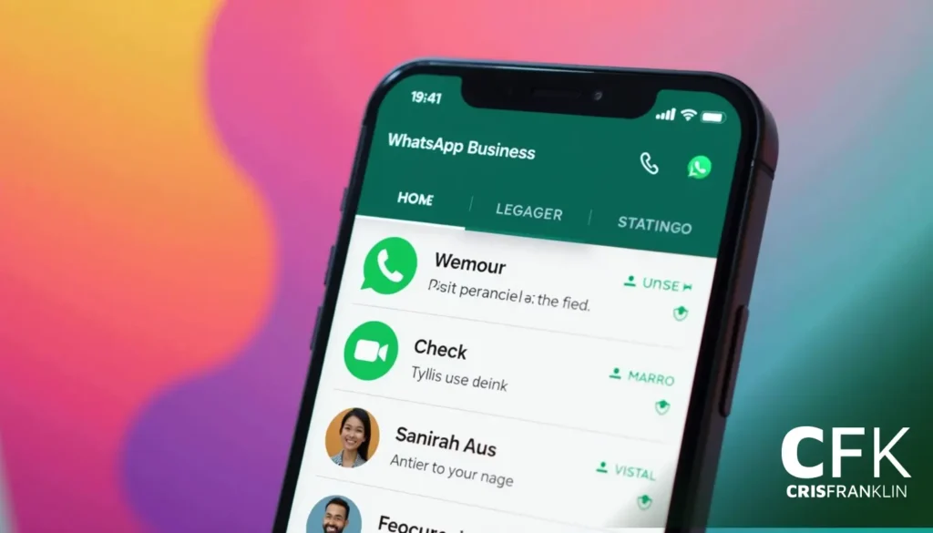 Tela de smartphone exibindo o aplicativo WhatsApp Business com um fundo colorido desfocado.