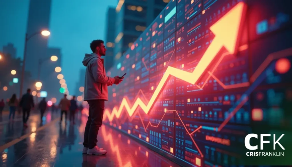 Um homem está em frente a uma grande tela digital exibindo uma seta brilhante para cima e gráficos de dados, segurando um dispositivo na mão.
