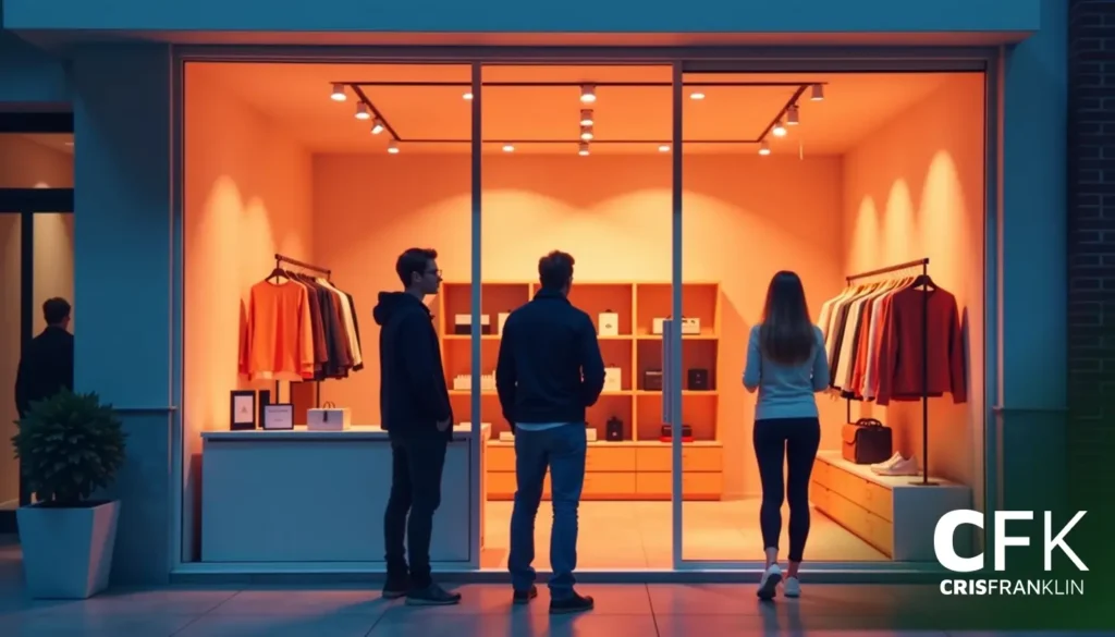 Três pessoas estão do lado de fora de uma loja de roupas bem iluminada com araras de roupas expostas.