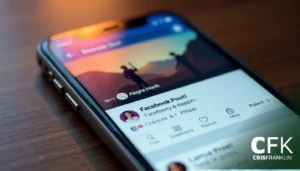Smartphone exibindo uma publicação no Facebook com silhuetas de figuras contra um fundo de pôr do sol.