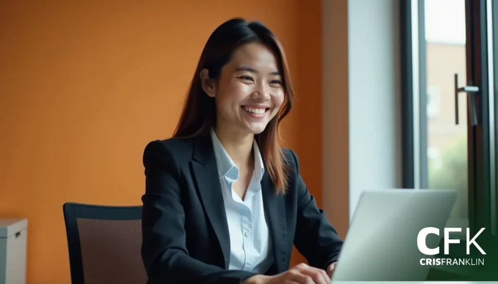 Uma pessoa sentada em uma mesa, sorrindo e trabalhando em um laptop, com uma parede laranja ao fundo.