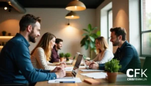 Um grupo de seis pessoas sentadas ao redor de uma mesa com laptops e documentos em um escritório moderno.