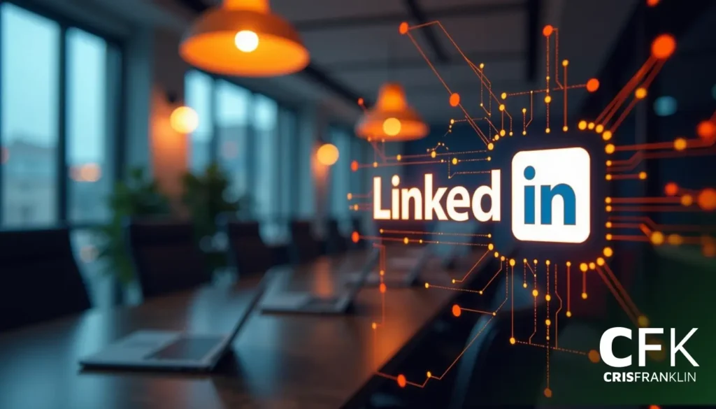 Interior de escritório moderno com sobreposição gráfica do logotipo brilhante do LinkedIn.