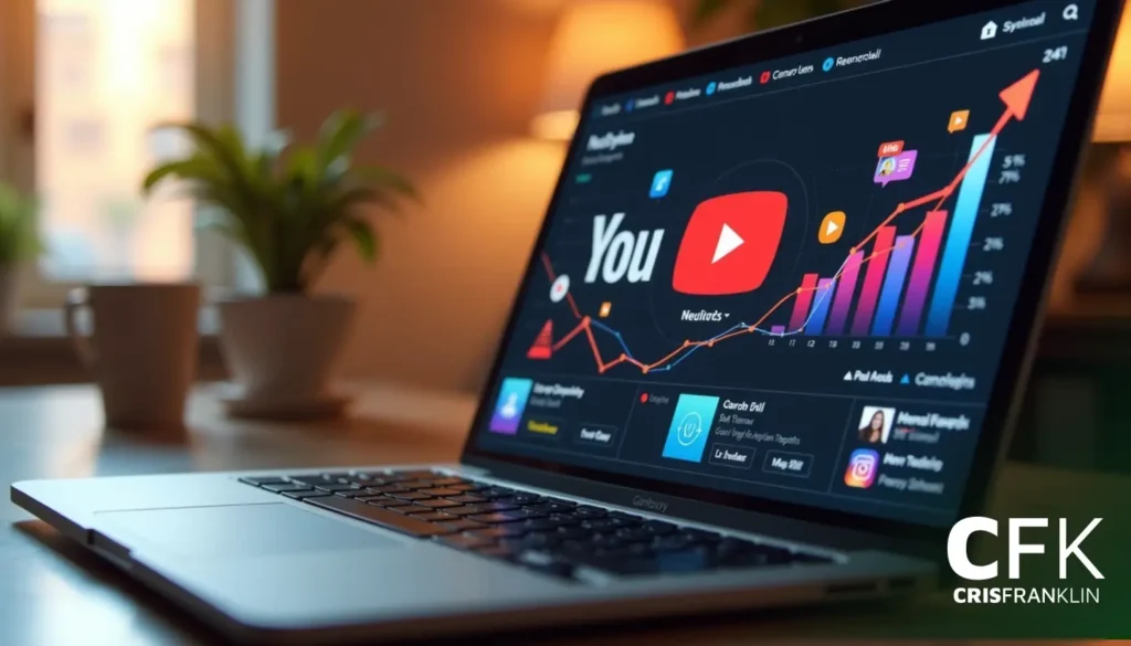 Laptop aberto sobre uma mesa de madeira exibindo análises de aplicativo de streaming de vídeo, com gráficos de crescimento e métricas. Fundo desfocado com plantas em vasos.