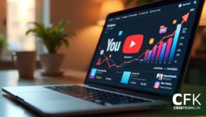 Laptop aberto sobre uma mesa de madeira exibindo análises de aplicativo de streaming de vídeo, com gráficos de crescimento e métricas. Fundo desfocado com plantas em vasos.